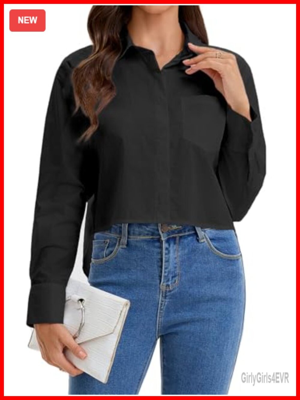 Womens Cropped Button Down Shirt 100% Cotton Long Sleeve High Low Hem
